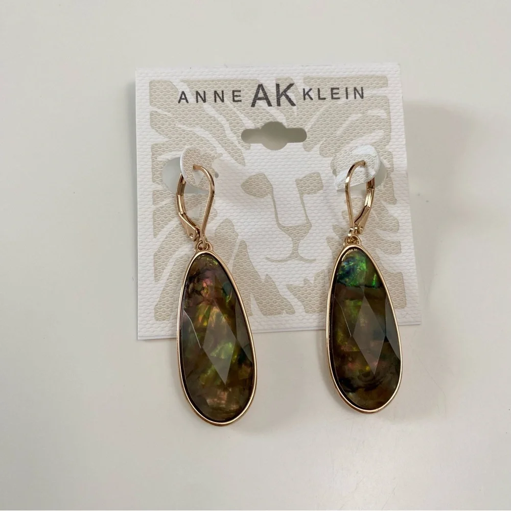Anne Klein Green Brown Opal Faceted Abalone Teardrop Earrings